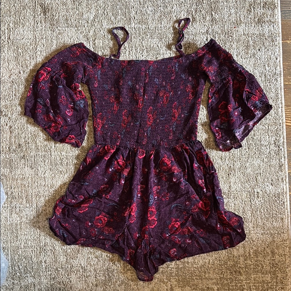 Hollister Red One Piece with Puff Sleeves and Smocked Bodice